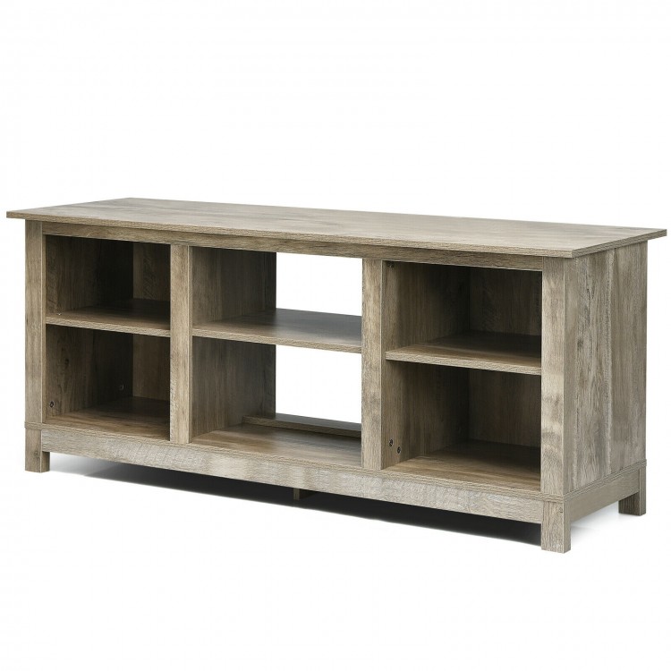 Gray 58-inch TV stand showcasing a rustic design with a spacious top for TVs up to 65" and 6 open shelves for storage.