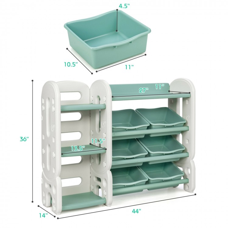 Kids toy storage organizer with 6 green bins and multi-layer shelf, ideal for bedroom or playroom organization.
