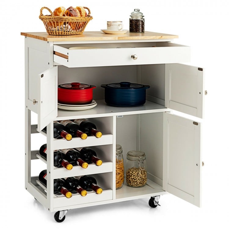 Kitchen cart with rubber wood top, featuring 3-tier wine racks, 2 cabinets, and smooth-rolling wheels for versatile.