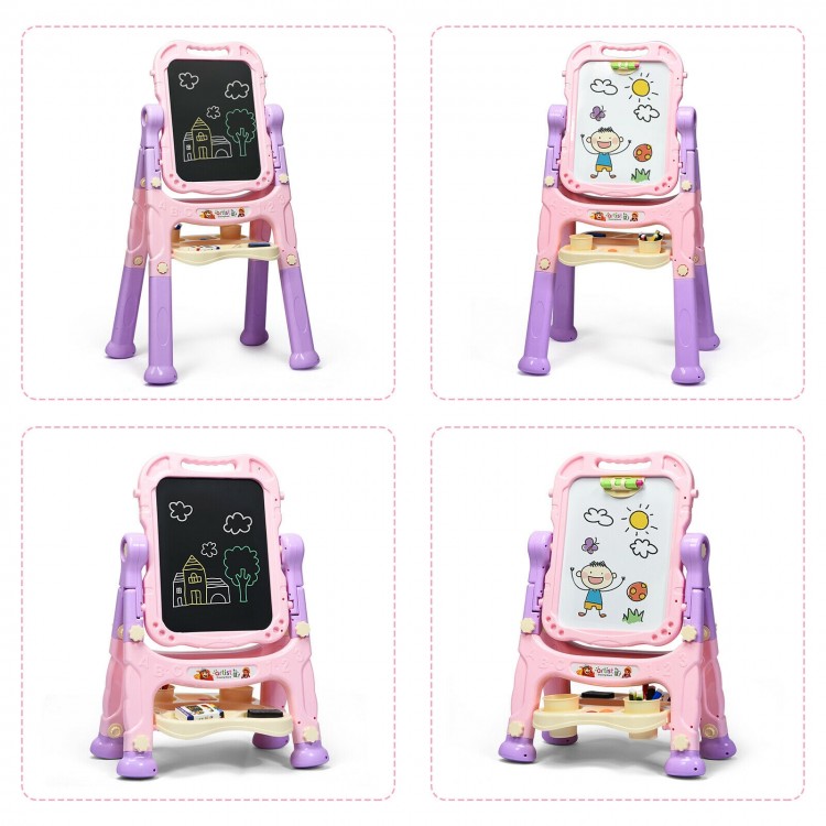 Height adjustable pink kids art easel with double-sided magnetic whiteboard and chalkboard, featuring a spacious.