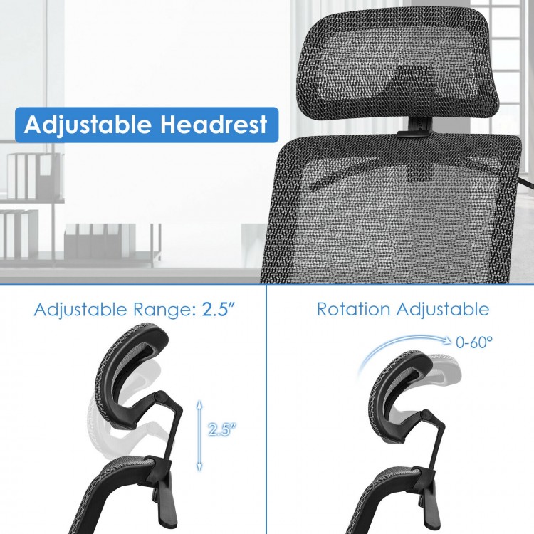 Adjustable headrest of the gray ergonomic office chair, featuring a 2.5” range and 0-60° rotation for personalized.