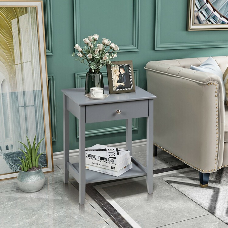 Gray wooden bedside sofa table featuring a sliding drawer and open shelf, perfect for stylish and practical storage.