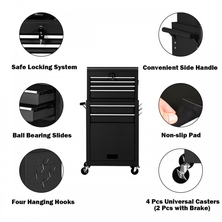 Rolling cabinet storage chest in black with 7 drawers, side handle, and 4 universal casters for easy mobility.