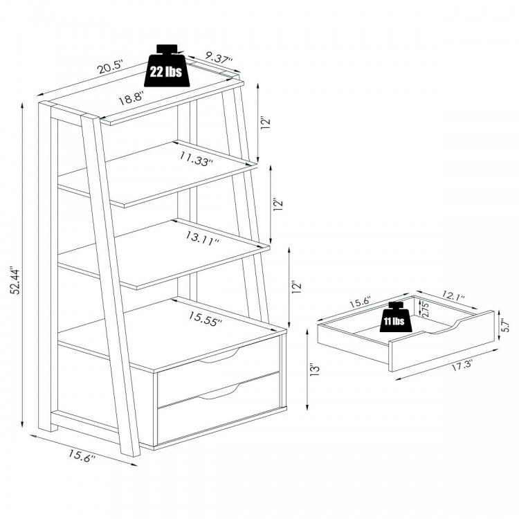 4-tier ladder bookshelf with 2 drawers, made of particleboard and MDF, ideal for storage and display in any room.