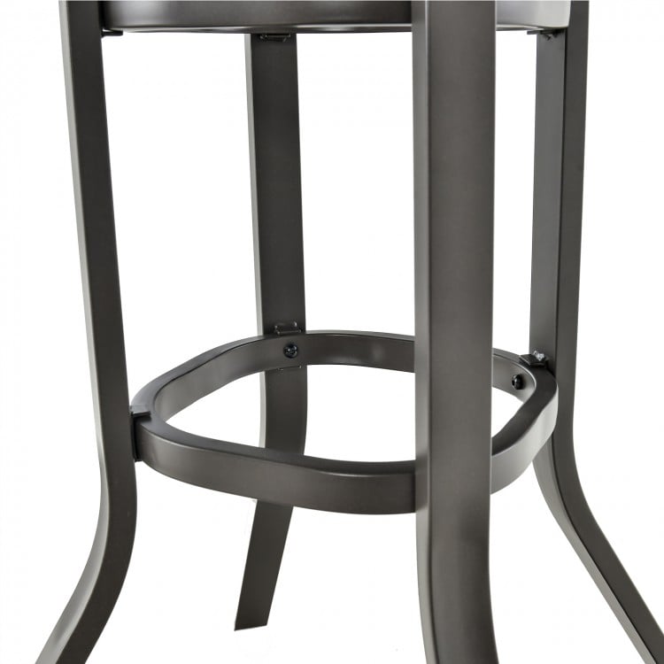 Close-up of the sturdy metal frame and adjustable foot pads of the 24-inch patio bar height table for outdoor use.