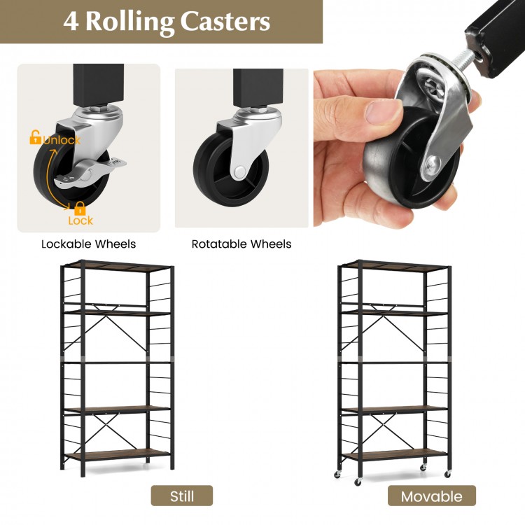 Close-up of a rolling caster wheel for the 5-tier foldable shelving unit in black, featuring a lockable design for.