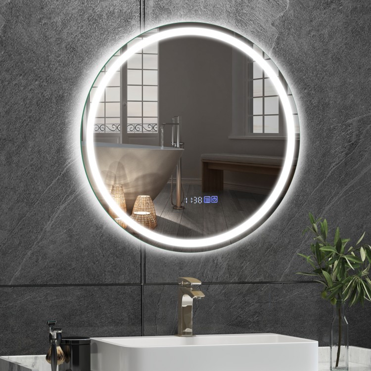 24-inch anti-fog bathroom wall mirror with LED lights, displaying time and temperature, perfect for modern decor.