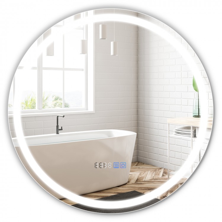 24-inch anti-fog bathroom wall mirror with LED lights, temperature display, and sleek design for modern bathrooms.