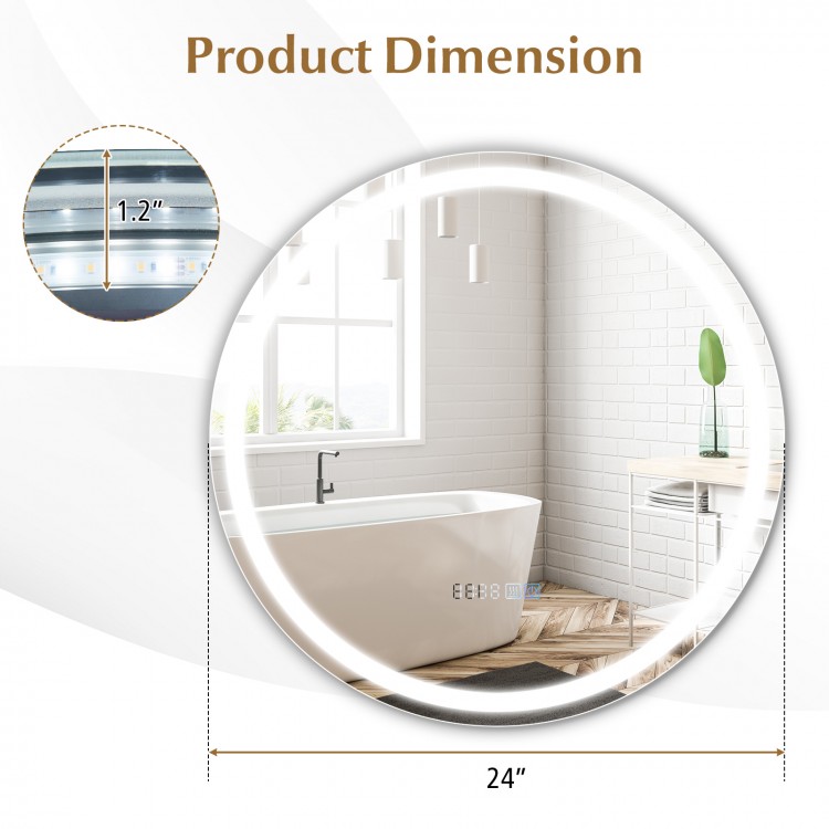 24-inch anti-fog bathroom wall mirror with 3-color LED lights and temperature display, showcasing product dimensions.