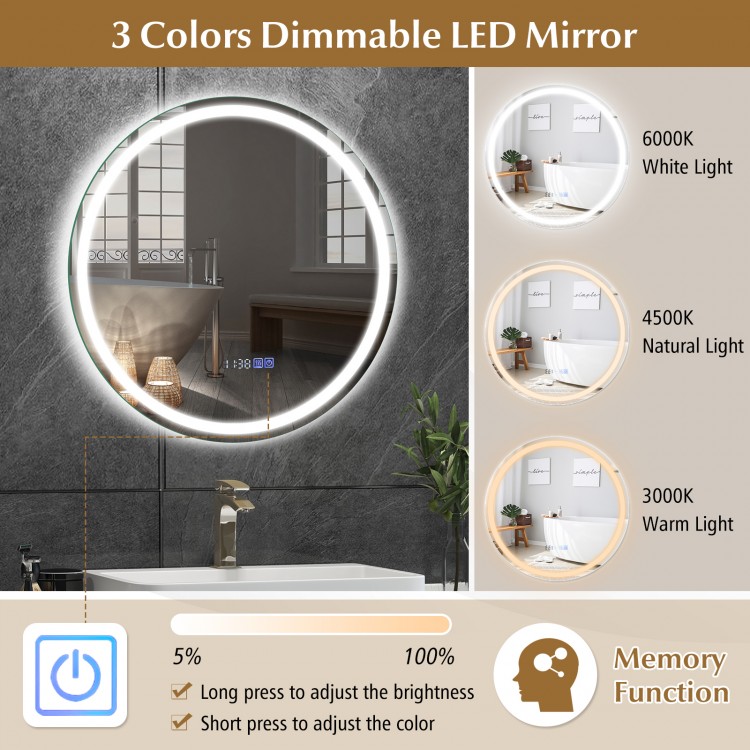 24-inch anti-fog bathroom wall mirror with 3-color LED lights, time display, and adjustable brightness for personalized.