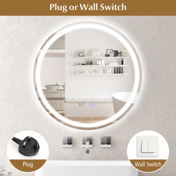 24-inch anti-fog bathroom wall mirror with LED lights, featuring time display and adjustable brightness for versatile.