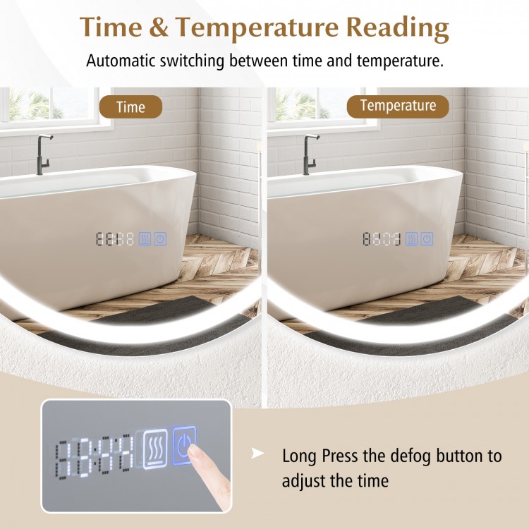 Time and temperature display on the 24-inch anti-fog bathroom wall mirror with LED lights, showcasing automatic.