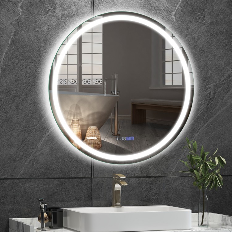 32-inch round anti-fog bathroom wall mirror with 3-color LED lights, featuring time and temperature display for.