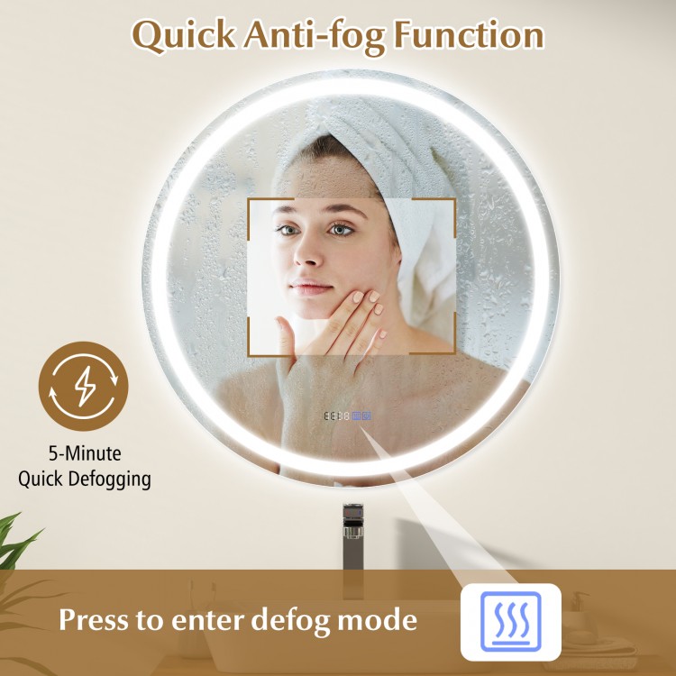32-inch anti-fog bathroom wall mirror with 3-color LED lights, featuring quick defogging and time display for easy use.