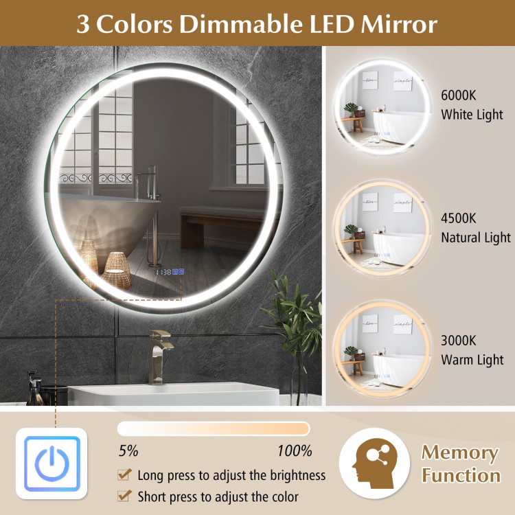 32-inch anti-fog bathroom wall mirror with 3-color LED lights, featuring adjustable brightness and memory function.