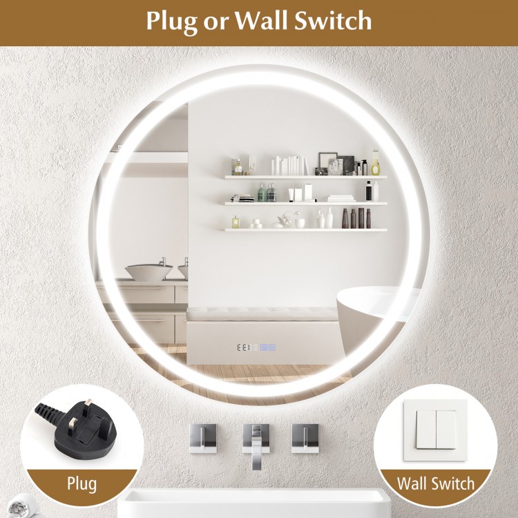 32-inch anti-fog bathroom wall mirror with 3-color LED lights, featuring plug or wall switch options for versatile use.
