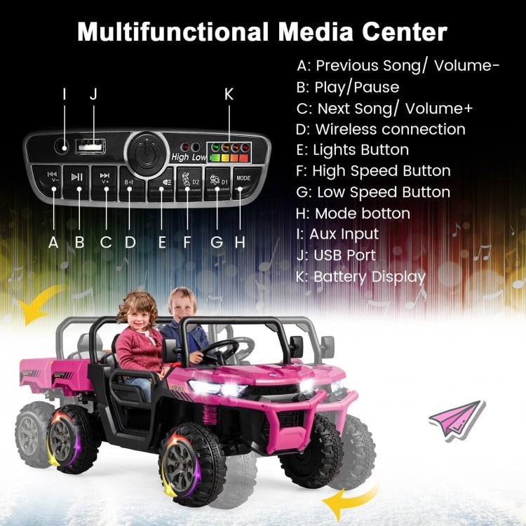 Pink 24V ride-on kids car with remote control, dump bed, and media center for fun outdoor adventures.