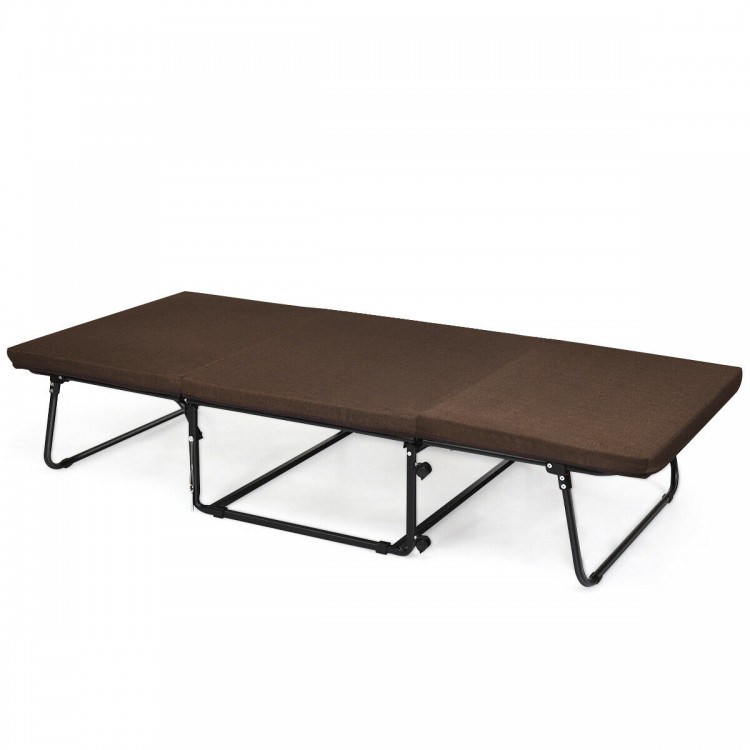 Brown folding guest sleeper bed showcasing its sturdy steel frame, non-slip foot pads, and foldable design for easy.