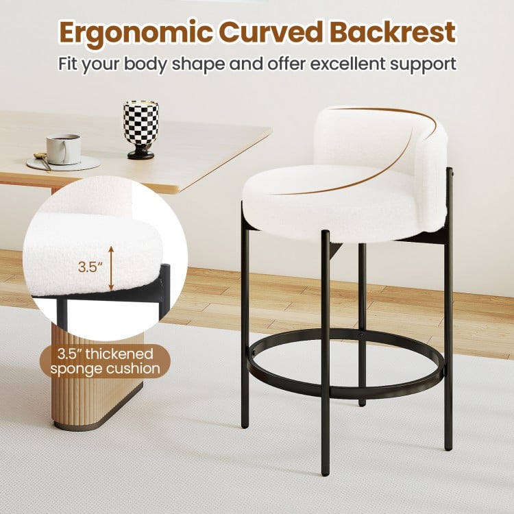 Curved backrest counter stool with 3.5" thick sponge cushion in soft Sherpa fabric, perfect for kitchen or bar use.
