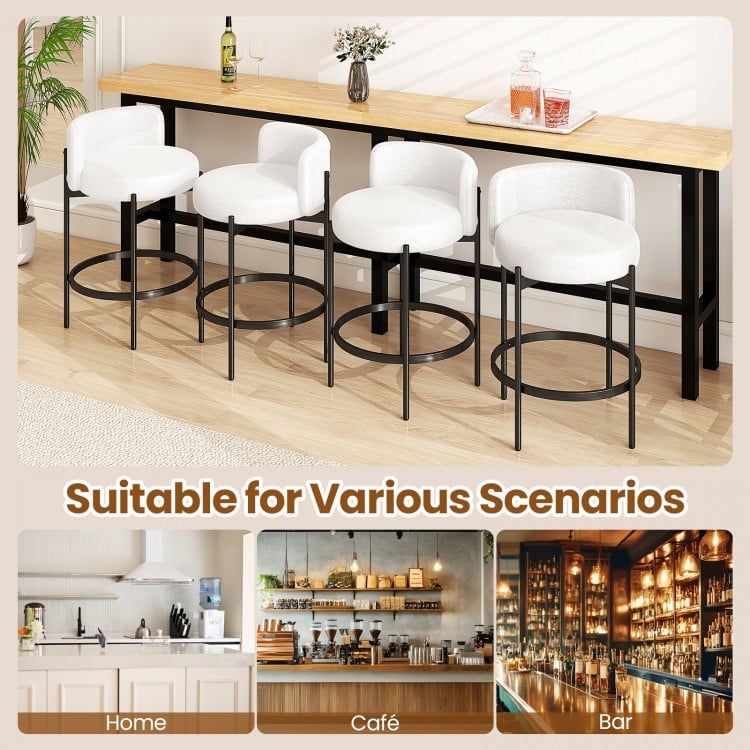 Curved backrest 24-inch boucle counter stools set of 2 in white, perfect for home kitchens, cafes, or bars.