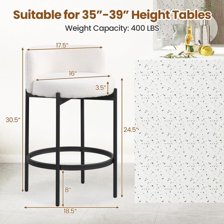 24-inch boucle counter stool with curved backrest, sherpa fabric, and sturdy metal frame, perfect for 35"-39" height.