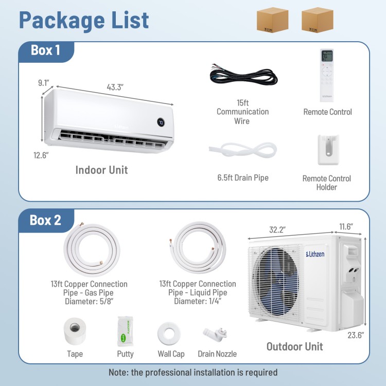 Indoor and outdoor units of the 24000 BTU Mini Split Air Conditioner with WiFi, remote control, and installation.