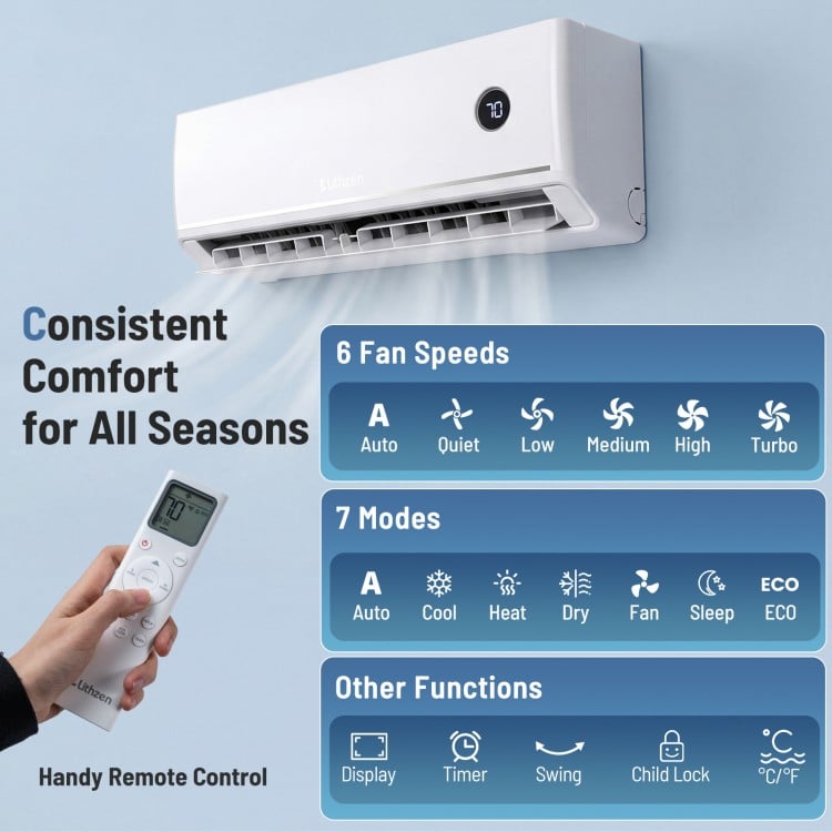 Mini split air conditioner with remote control, 24000 BTU, 6 fan speeds, for efficient cooling and heating in large.