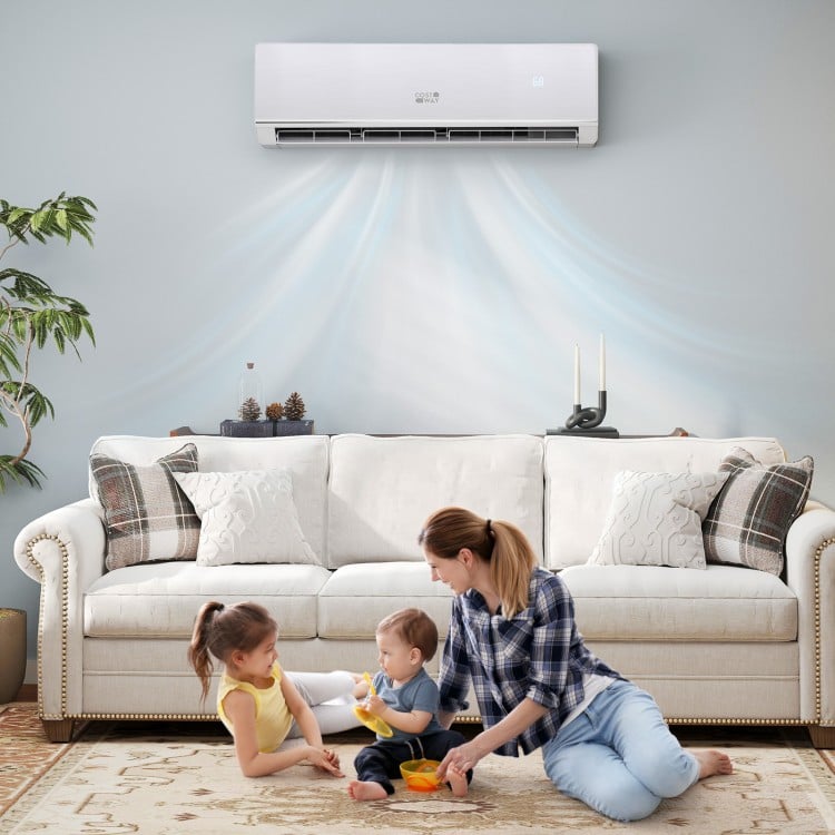 Mini split heat pump mounted on wall, providing efficient heating and cooling for home comfort with WiFi control.