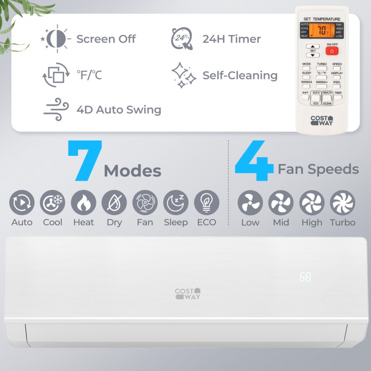 Mini split heat pump with remote control, 24000 BTU, 7 modes, 4 fan speeds, and WiFi enabled for year-round comfort.