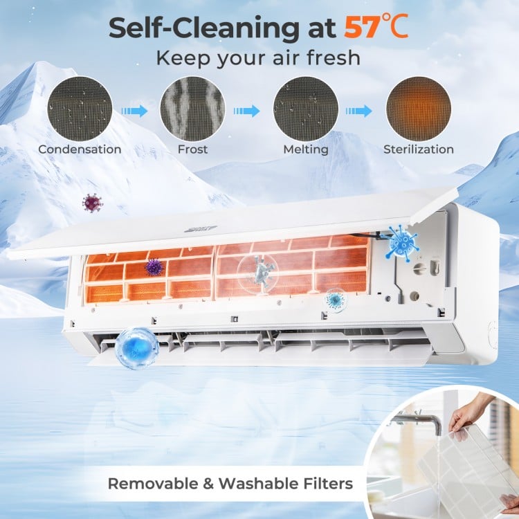 Self-cleaning mini split heat pump with removable filters, heating at -25℃, and WiFi control for efficient air.
