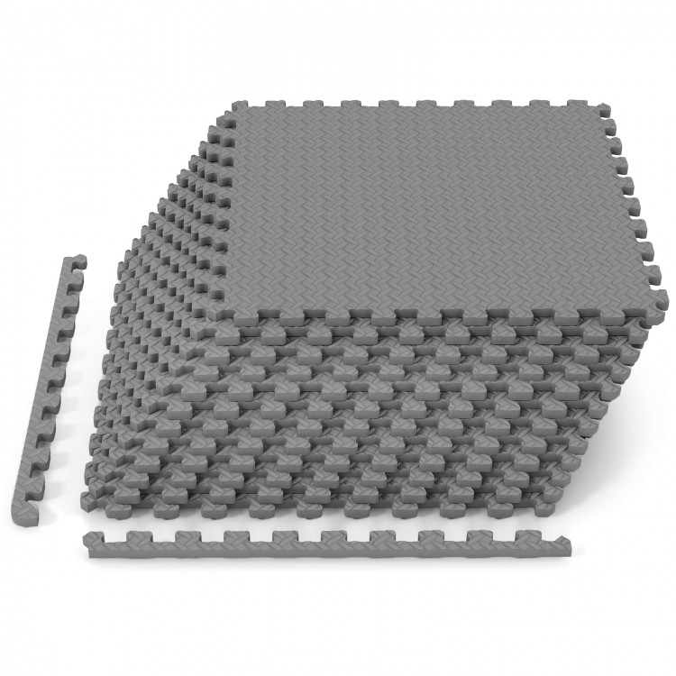 Stack of 24 gray 1/2" puzzle exercise floor mats made of EVA foam, ideal for gyms and playrooms.