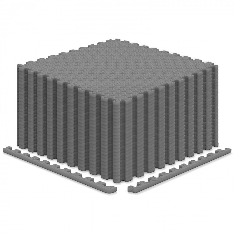 Gray 24Tiles 1/2" puzzle exercise floor mats stacked, featuring non-slip texture and interlocking design for versatile.