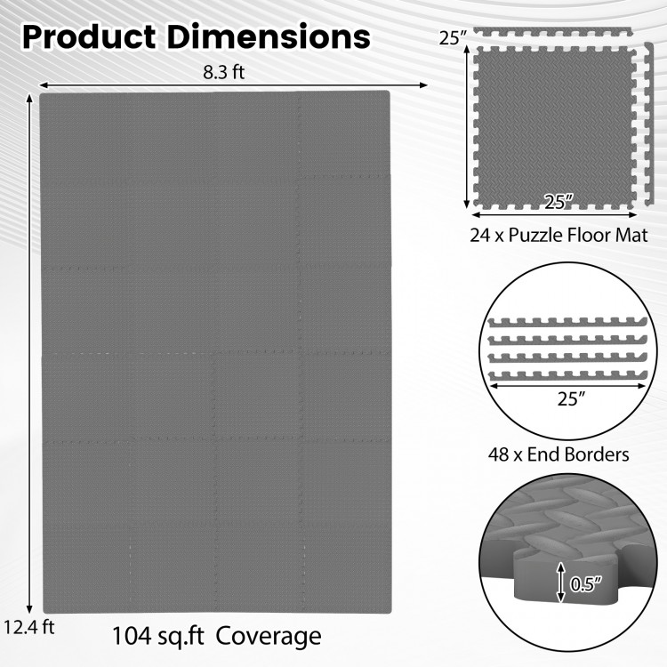 Gray 24Tiles 1/2" puzzle exercise floor mats with non-slip texture, ideal for gyms and playrooms, covering 104 sq. ft.