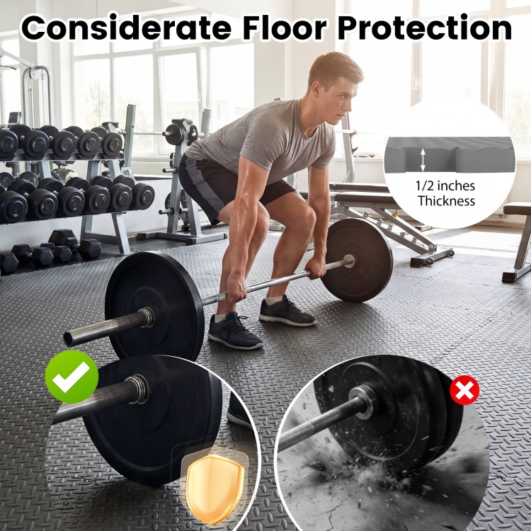 Puzzle exercise floor mats in gray, 1/2" thick, provide non-slip protection for gym floors during workouts.