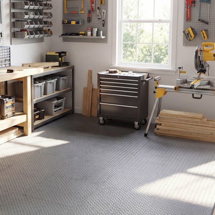 Gray 1/2" puzzle exercise floor mats with non-slip texture, ideal for gyms and playrooms, providing impact cushioning.
