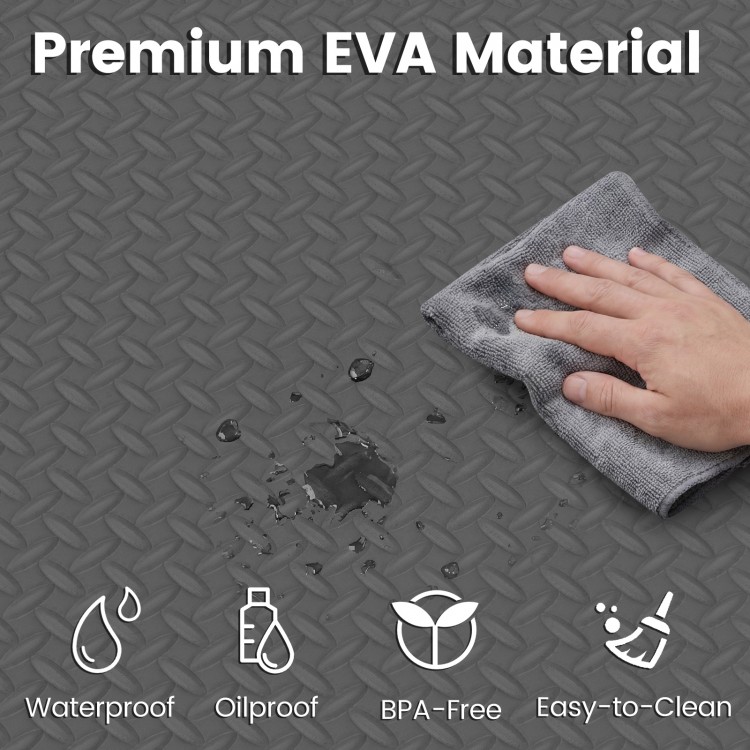 Premium gray EVA foam exercise mat showing waterproof and easy-to-clean surface, ideal for gyms and playrooms.