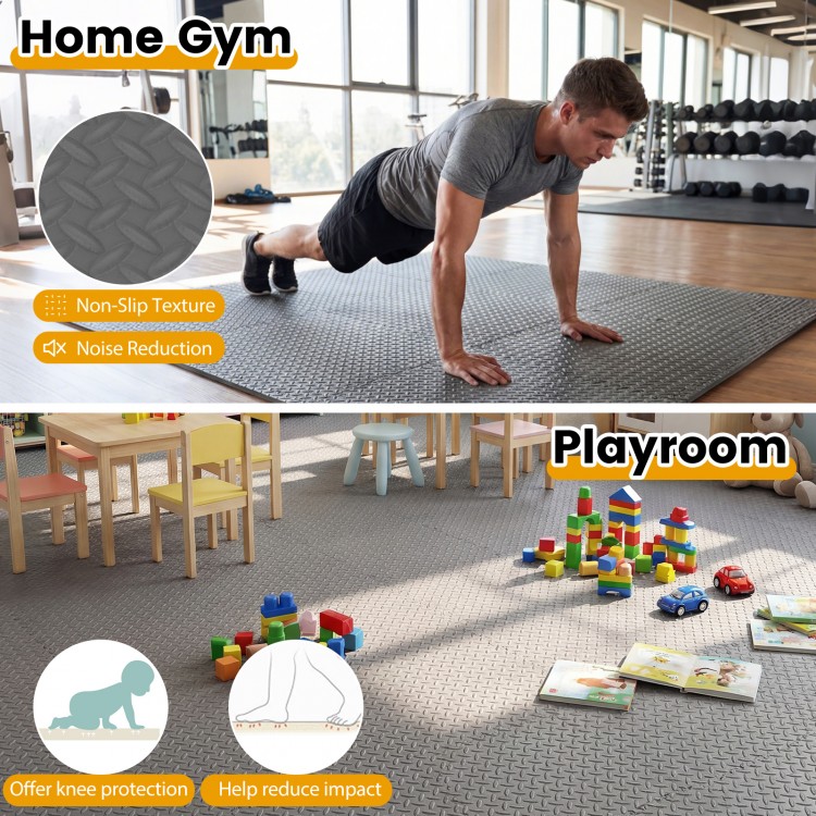 Gray 1/2" puzzle exercise floor mats with non-slip texture, ideal for home gym and playroom use, offering knee.