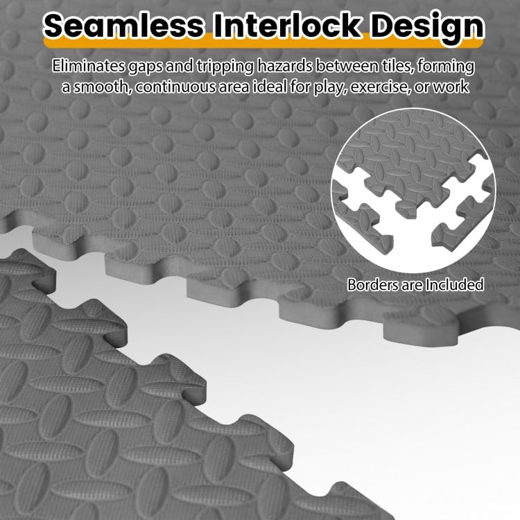 Seamless interlocking design of gray 24Tiles exercise floor mats, featuring non-slip texture and included borders for.