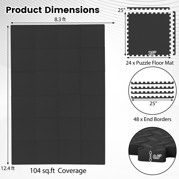 Black 24-tile puzzle exercise floor mats with 1/2" thickness, ideal for gyms and playrooms, featuring a non-slip.
