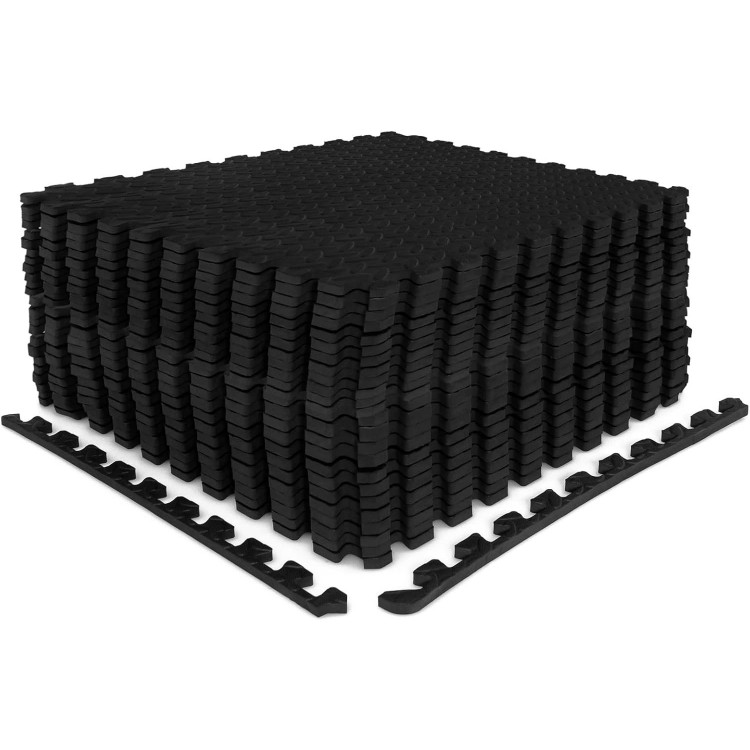 Black 24Tiles 1/2" puzzle exercise floor mats feature a non-slip texture and interlocking design for versatile use.