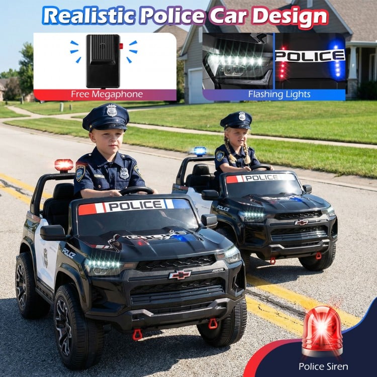 Two kids in a black 24V 2-seater ride-on police car with LED lights and megaphone, designed for ages 3 to 8.