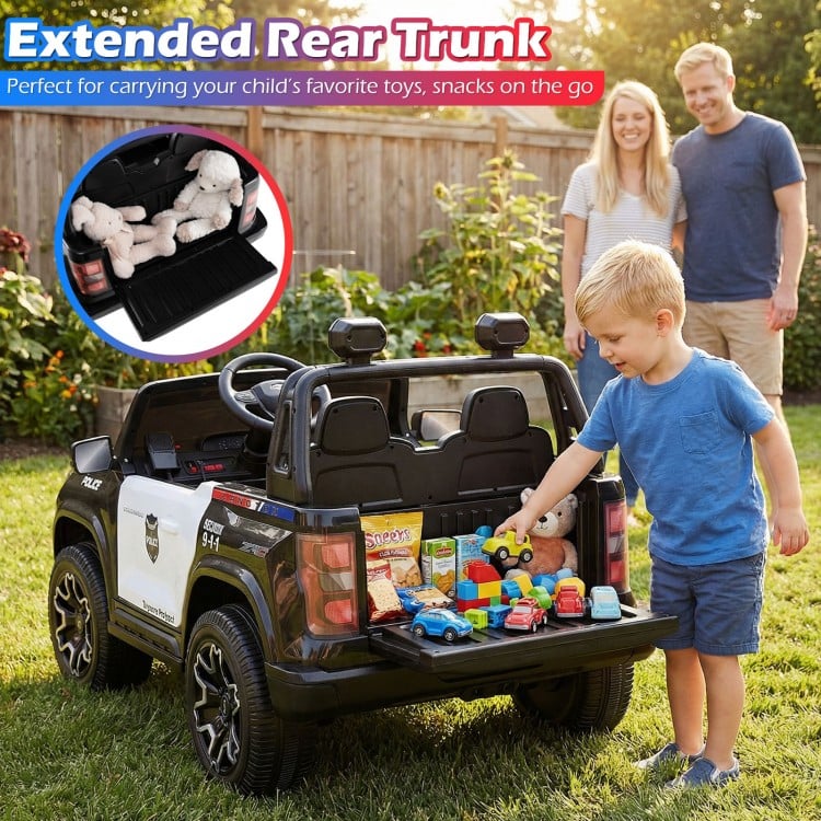 Extended rear trunk of the 24V 2-seater police car, ideal for storing toys and snacks during outdoor play.