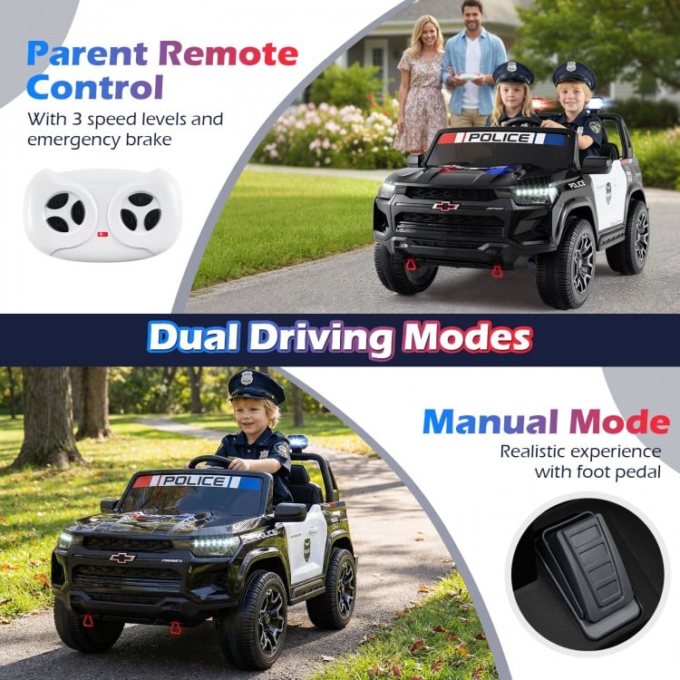 24V 2-seater black ride-on police car with remote control, LED lights, and realistic foot pedal for kids aged 3 to 8.