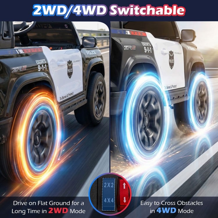 24V 2-seater ride on police car in black with LED lights, 2WD/4WD switchable for versatile driving experiences.