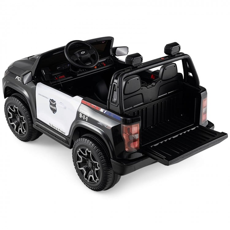 Black 24V 2-seater ride-on police car with megaphone, LED lights, and rear trunk for kids aged 3 to 8.