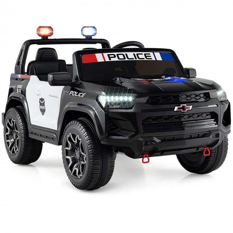 Front view of the black 24V 2-seater ride-on police car showcasing LED lights, megaphone, and realistic design for kids.