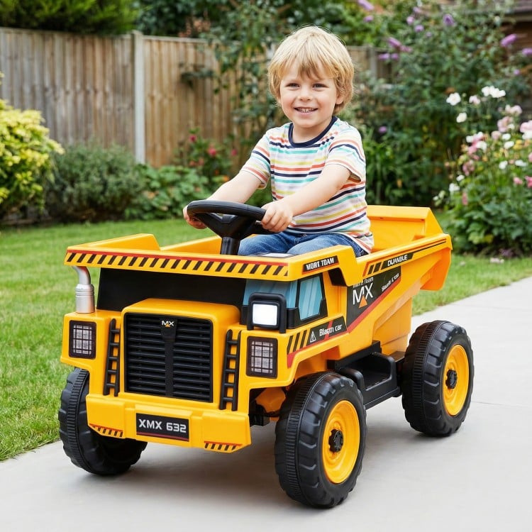 Kids ride-on 24V construction electric vehicle in yellow, featuring a dump bed and remote control for ages 3-8.