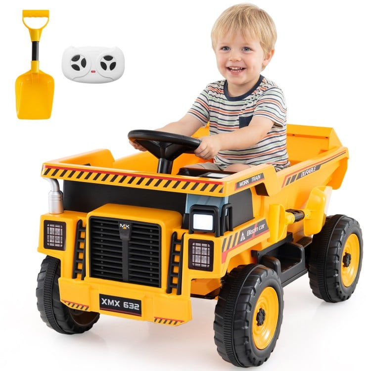 Kids ride-on 24V construction electric vehicle in yellow with dump bed, remote control, and shovel for ages 3-8.