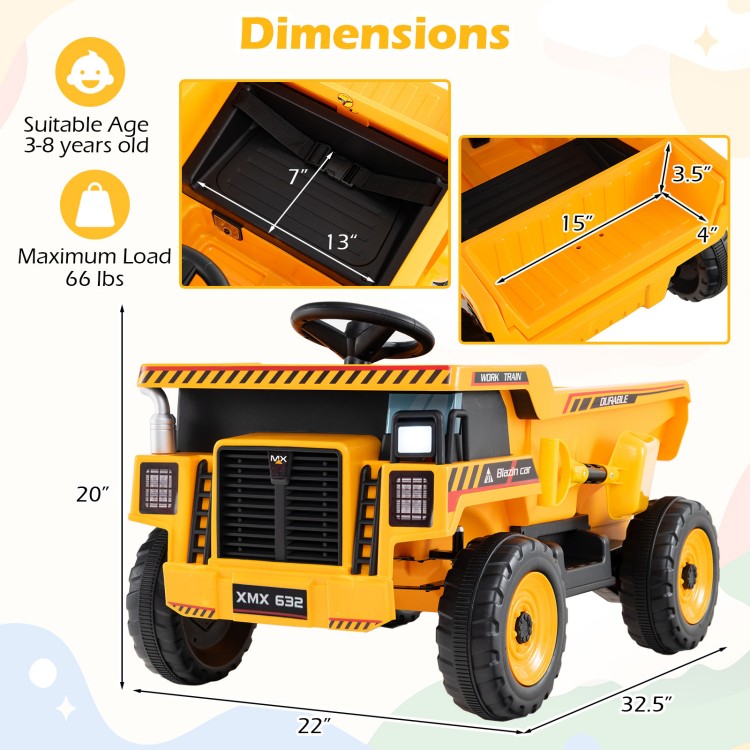 Yellow 24V construction electric vehicle with dump bed, remote control, and safety features for kids aged 3-8.