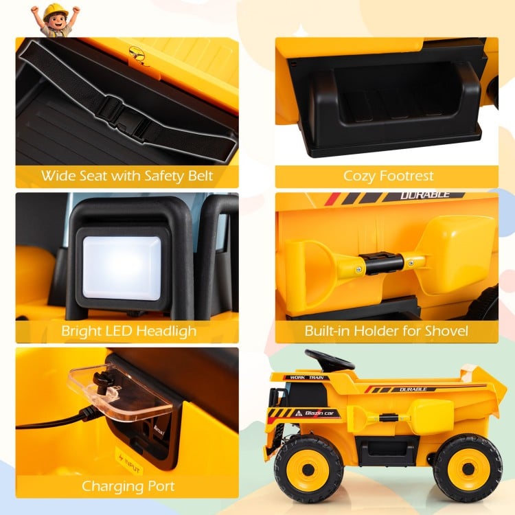 Wide seat with safety belt and cozy footrest on the 24V yellow construction electric vehicle for kids aged 3-8.